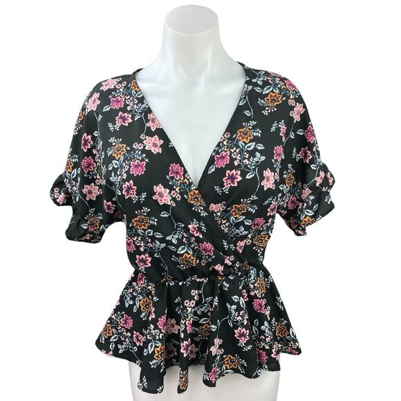 Francesca's Mi Ami Black Floral Faux Wrap V-Neck Ruffle Peplum Blouse Top Sz XS - Picture 1 of 5